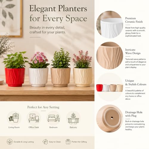 Image of Xtore Charming Textured Ceramic Planter Pots Set of 4 for Indoor Plants | Modern Ribbed Flower Pots for Home, Office Desk, Balcony & Shelf Decor (Multicolor, Planters Only)