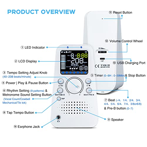 Pogolab Digital Metronome, Electronic Lcd Universal Metronome, Rechargeable, With Timer, Beat Speed Adjustable, 4 Different Voice, For Guitar, Piano, Drum, Violin & Other Instruments (White) #TOP4
