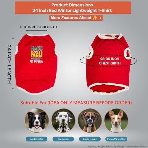 Image of JoyDaog Cozy Dog Winter Coat Red Color 24 Inch(2XL)- inchHASS Mat Pagli Pyaar Ho Jayega inch Printed Soft Trendy Apparel for Large Dogs I Indoor & Outdoor