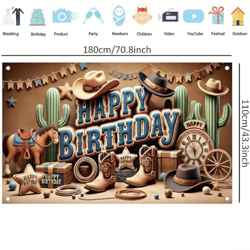 Image of Western Cowboy Happy Birthday Banner Backdrop Rustic Wild West House Barn Photo Banner Party Decorations Boots Hat Cactus Horse Rope Photo Background Props 71 x 43 inch