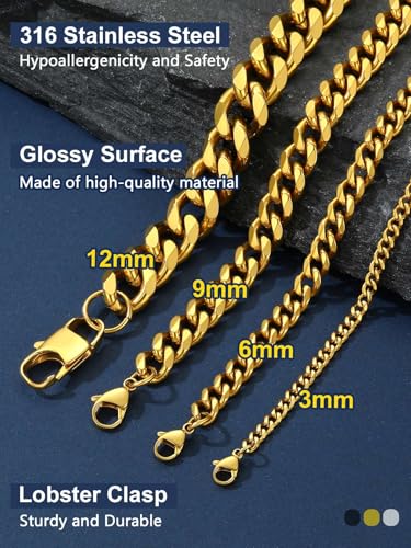 ChainsPro Stainless Steel Cuban Link Chains for Men,Silver/Black/Gold Plated Miami Cuban Chain Necklace 3/6/9/12mm Width,14"-30" Durable Mens Jewelry Gifts for Father's Day Valentine's Day Christmas4