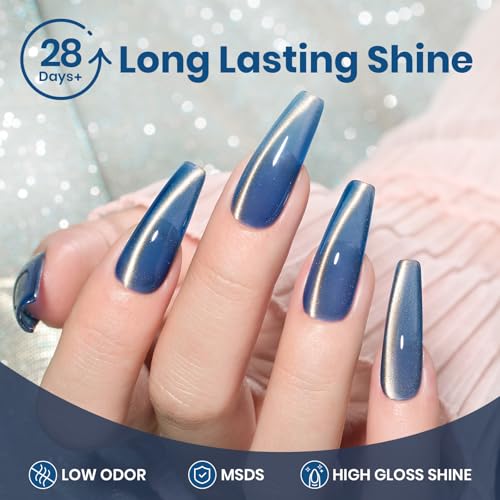 Image of Beetles Blue Cat Eye Gel Nail Polish - Frosted Sapphire Cat Eye Gel Polish, 15ML Gold Powder Blue Glitter Gel Polish Magnetic Shimmer Effect Soak Off UV Nail Art Design Manicure Gifts for Women