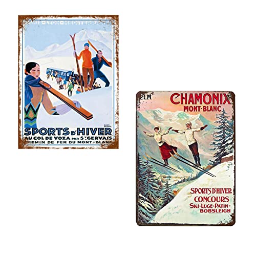 Lot De 2 Hiver Ski 20x30cm Vintage Plaque Affiche éTain MéTal Mur Signe RéTro DéCoration Pour Bar Café Garage Gaz Station Accueil Club 01