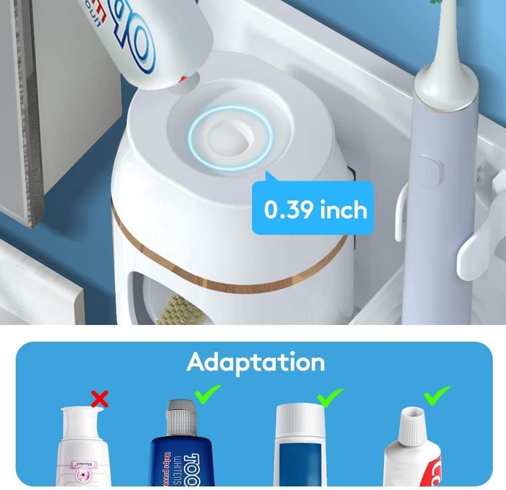 TuCao Wall Mounted Toothbrush Holder with Automatic Toothpaste Dispenser, No Drill Bathroom Organizer White