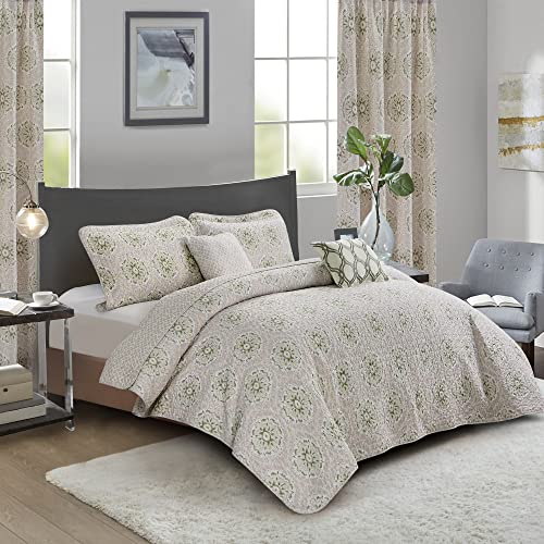 HESTIN 7 Piece Flower Stamp Microfiber Reversible Bedspread Floral Design Matching Light Filtering Curtains for All Season, Pastel Gray, King (102