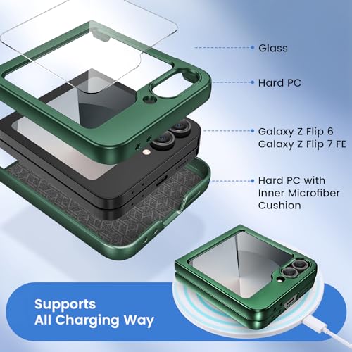 Image of Ruky for Z Flip 6 Slim Case, with Built-in Screen Protector, Dark Green | Support Wireless Charging Hard PC Ultra-Thin Full Body Protective Phone Cover for Samsung Galaxy Z Flip 6, Dark Green