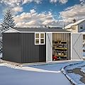 DWVO 12x8ft Large Tool Storage Shed with Window, Lockable Doors, and Sloped Roof, Oversized Steel Outdoor Storage Shed for Garden, Patio, Garage, Backyard, Lawn(Gray + White)