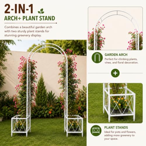 Image of ecofynd 5 Feet High x 4 Feet Wide Graden Arch Plant Stand, Metal Arbor Trellis for Climbing Plants, Backdrop Stand for Indoor Outdoor Lawn Wedding Backyard Party Decoration Items, Patio (GARCH003-WHT)