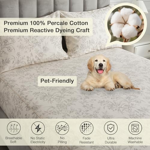 Image of Vintage Beige Floral Percale Sheets King Size, Deep Pocket, 4Pcs | 100% Cotton Neutral Flower Sheet Set, French Country Bordered Bed Sheets, Shabby Chic Toile Bedding, Cottage Core, Leaf Print