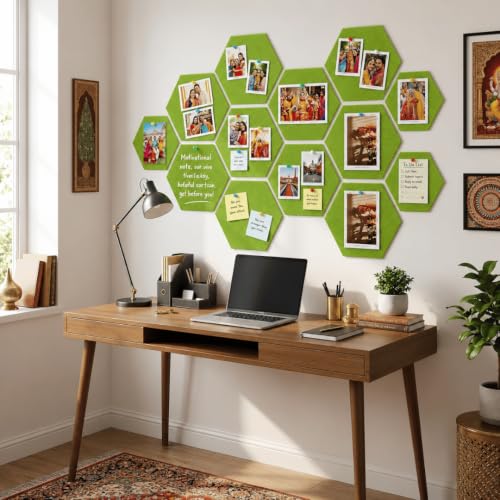 Image of Quiet Canvas Hexagon Pinboard, 1x1 ft, Pack of 8, 50 PushPins, (Green)