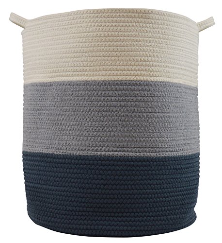 Image of Cotton Rope Basket for Storage and Organization in Baby Nursery or Kids Room | Extra Large 18” x 16” Decorative Laundry Hamper, Organizer for Blankets, Towels, Toys, Books | Blue/Grey/Off-White