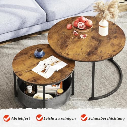 WLIVE Couchtisch 2er Set, 80 Durchmesser Groß Wohnzimmertisch, 60 Durchmesser Beistelltisch Rund mit Stauraum, Metallgestell, Kaffeetisch für Wohnzimmer (Rustikales Braun) – Bild 5