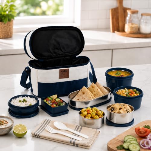 Image of CELLO All Day Meal Lunch Box with Bag for Office Use Blue White | 550ml,375ml,225ml Microwave Safe Containers, 500ml + 300mlx2 Steel Containers, 175ml Salad Box with Spoon & Fork Tiffin Set for Travel
