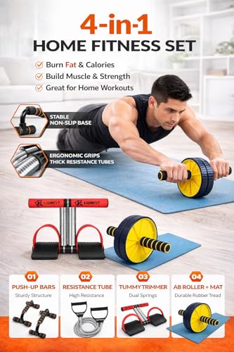 Image of SUREFIT Double Spring Tummy Trimmer, Resistance Toning Tube, Ab Roller & Push-Up Bar 4-in-1 Home Gym Combo Full Body Fitness Kit for Men & Women | Black (Red)