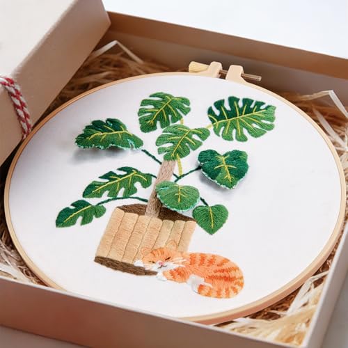 Image of Monstera Embroidery Kits for Beginners Adults, Cat Hand Embroidery Kits, Potted Plant Cross Stitch Kits for Beginners DIY Craft Kits for Adult Women, Entire Set of Embroidery Supplies & Video Tutorial