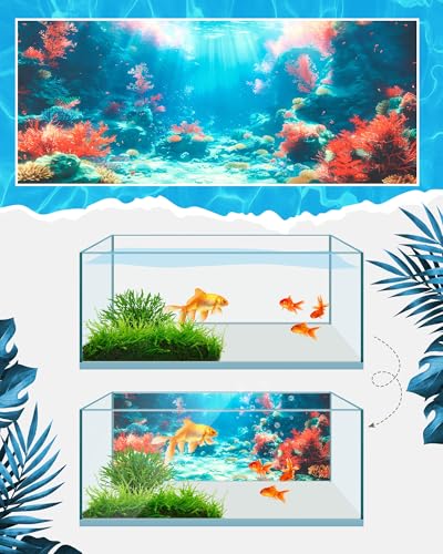 Image of Mindsoft 4 Pack Aquarium Background Polyester 48 x 18 Inch Cloth Fish Tank Background Undersea Corals Sunshines Rock Aquatic Plants Wallpaper with Double-Sided Tape
