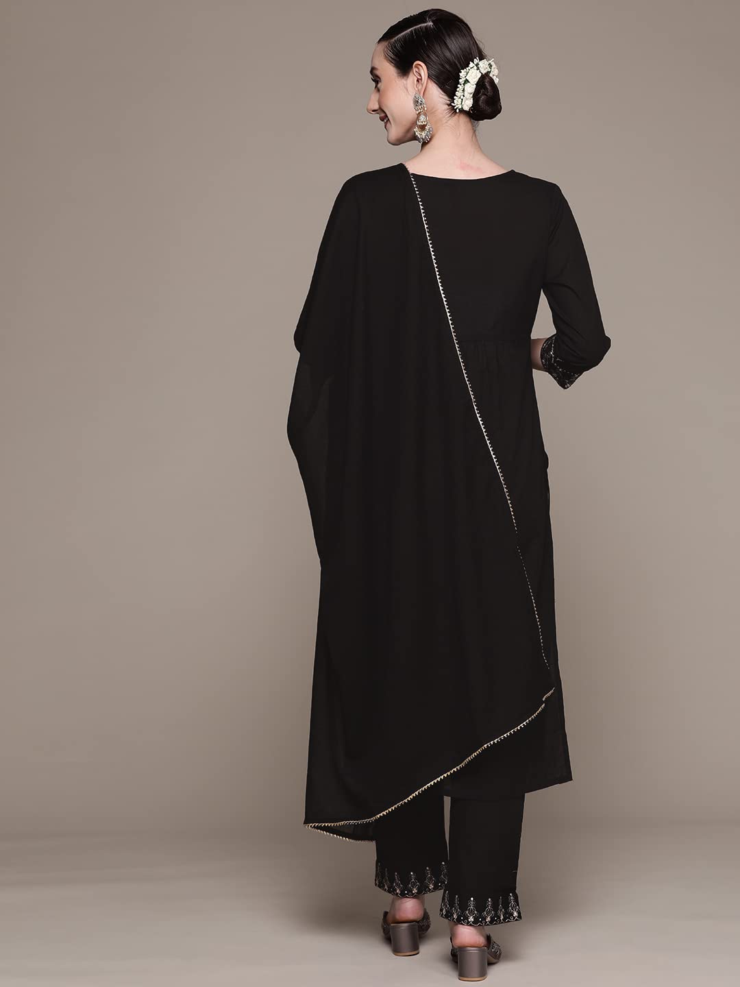 Ishin Women's Cotton Black Embroidered A-Line Kurta Set With Trouser & Dupatta