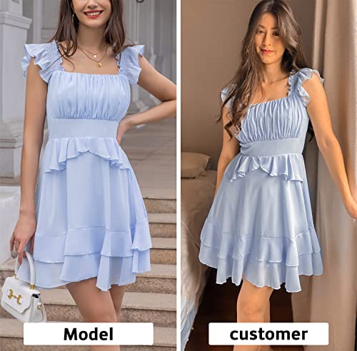 Byinns Women's Summer Ruffle Dress Sundresses Tiered Dress Off Shoulder Smocked Sleeveless Flowy Dresses Light Blue #TOP1