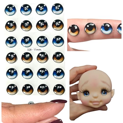 328-11 12 Pairs in Blue and Brown, Adhesive or Self-Adhesive 3D Resin Eyes, 11mm Wide, for use with Clay, Cold Porcelain, Sculpture, Polymer Clay, EVA, Felt, Fabric, Plaster