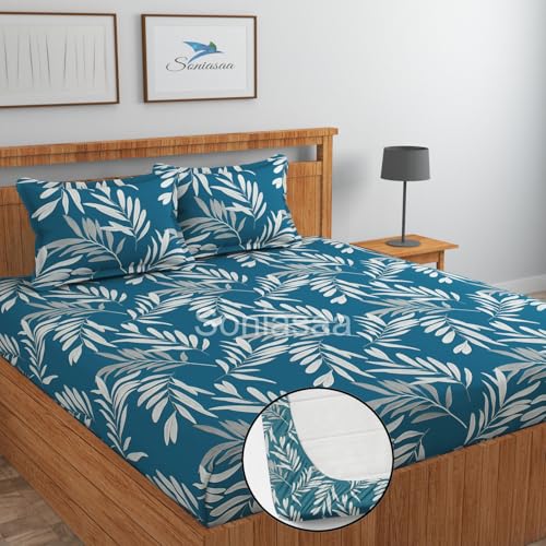 Image of 202 TC Cotton Feel All Around Elastic Fitted Bedsheet, Elastic Fitted Bedsheet King Size Bedsheet for Double Bed with 2 Pillow Covers, Size - 72 x 78 x 8 Inch Color Matalic Blue