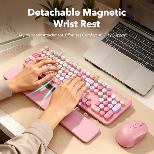 Image of Wireless Keyboard and Mouse Combo, Cute Retro Typewriter Keyboard with Round Keycaps, Full-Size Aesthetic Keyboard with Magnetic Wrist Rest, 2.4GHz USB for Windows /Mac Desktop Laptop(Pink Multi-Color)