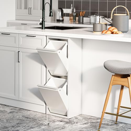 [en.casa] Mülltrennsystem Sollentuna Mülleimer 2 Fächer Küche 2 x 14 L Abfalleimer Müllschrank schmal 93 x 33 x 25 cm Metall Weiß