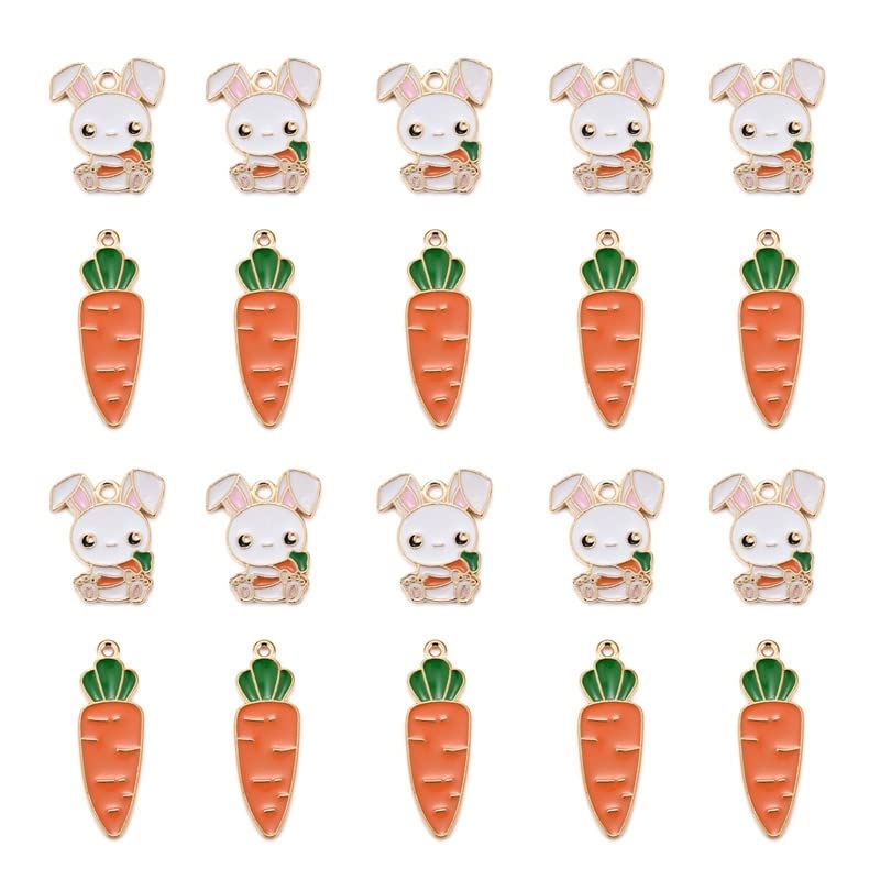 PandaHall 50pcs Rabbit & Carrot Enamel Charms Pendant Light Gold Plated Alloy Bunny Dangle Charms Beads Easter Charms for Bracelet Necklace Earrings Jewelry Craft Making