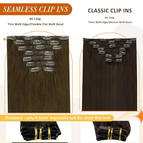 Image of Full Shine Clip in Hair Extensions Remy Human Hair, Medium Brown 22 Inch | Invisible PU Weft, Silky Straight, Brunette Seamless Clip Ins, Add Volume, Lightweight, Heat Styling Friendly, 8 Pcs 120g