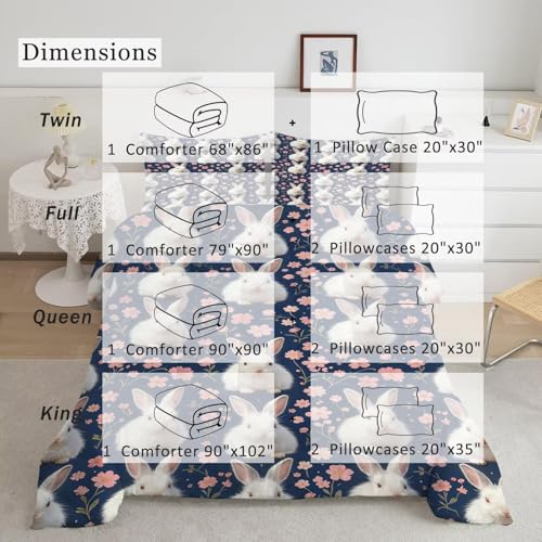 Image of Kawaii Floral Rabbit Comforter Set Queen Size Blue Pink Flower Bunny Bedding Sets for Kids Teens Boys Girls Bedroom Easter Decor Cute Animal Quilt 1 Comforter 2 Pillowcases
