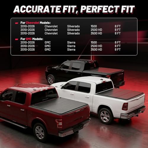 Image of Hard Tri-Fold Tonneau Cover Fits Chevy Silverado GMC Sierra 2500HD 3500HD 2010-2026 8 FT Bed, Also Fits 1500 Regular Cab 8 FT Bed, Waterproof with Anti-Theft Lock for Camping & Work Trucks