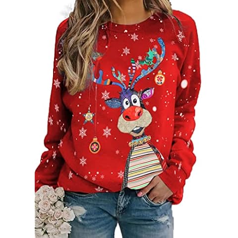 LUKYCILD Womens Ugly Christmas Sweatshirt Funny Reindeer Snowman Crewneck Xmas Holiday Long Sleeves Pullover Tops, Bright Red, XL Cover