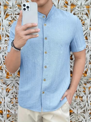 Image of Men's Solid Textured Half Sleeve Shirt with Stylish Buttons | Band Collar Casual Shirt for Summer Wear