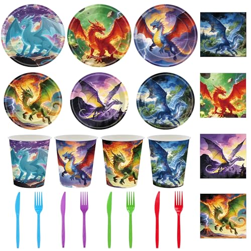 UBGKCJSJ 144Pcs Dragon Birthday Party Decorations Tableware Set 24 Guests