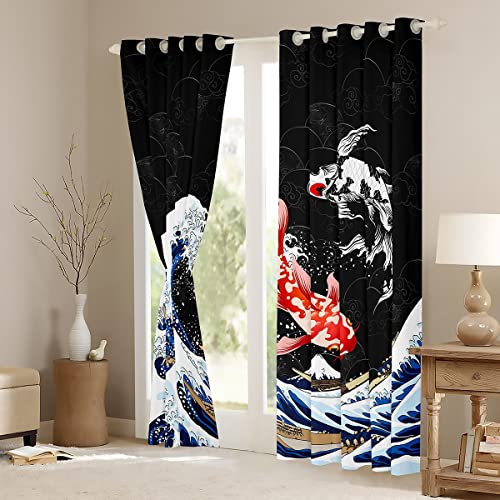 Japanese Ukiyoe Fish Curtains Ocean Surfing Koi Window Curtains For Bedroom Living Room Kids Boys Adult Japanese-Style Exotic Koi Animal Window Drapes Exotic Style Window Treatments 52W X 84L，2 Panels #TOP2