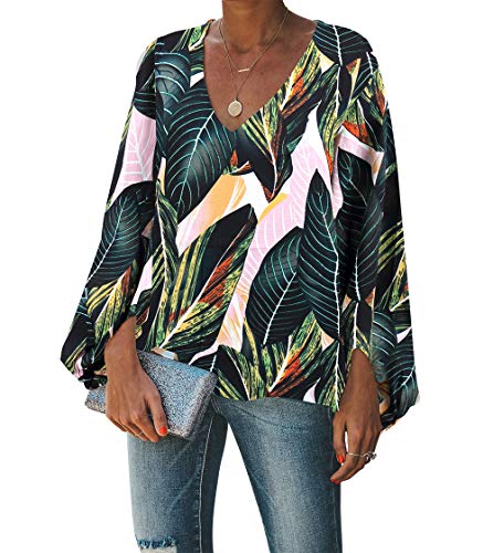 BELONGSCI Women s Casual Sweet & Cute Loose Shirt Balloon Sleeve V-Neck Blouse Top