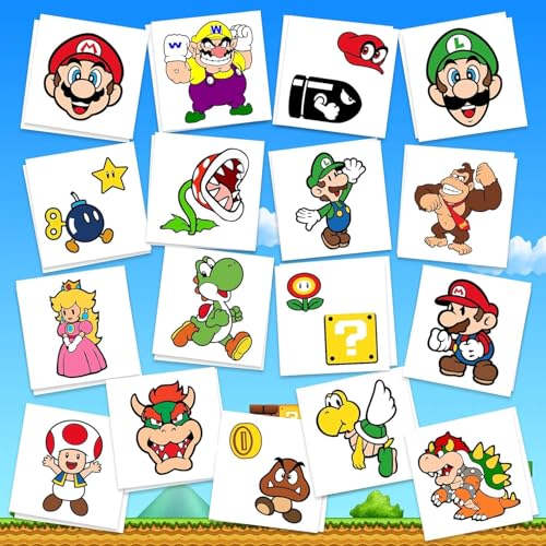 Mario Birthday Party Supplies 34Pcs Temporary Tattoos Party Gifts Glow In The Dark Removable Skin Safe Fake Tattoo Stickers for Goody Bag Treat Bag Stuff for Mario Birthday Party
