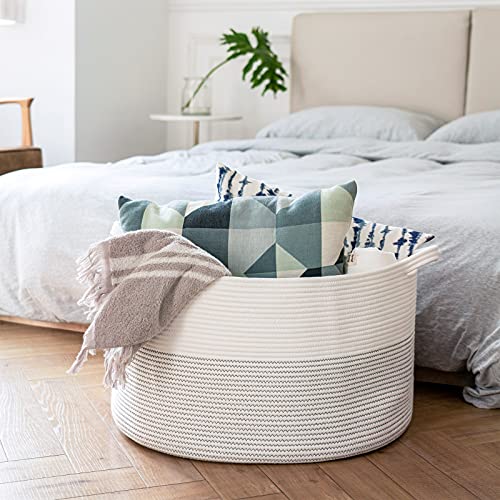 Indressme Xxxlarge Cotton Rope Basket 21.7" X 21.7" X 13.8" Woven Baby Laundry Basket For Blankets Toys Storage Basket With Handle Comforter Cushions Storage Bins Thread Laundry Hamper-Black Stitch #TOP5