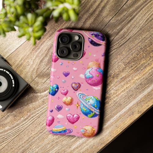 Coque rigide iPhone 15 Pro Max anti rayures Pixel Art cœurs planètes - 3