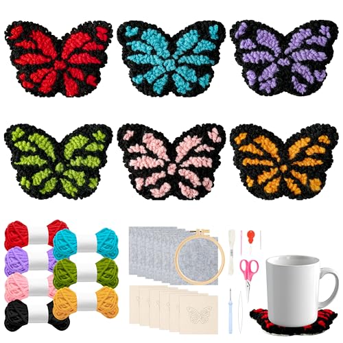 Image of WATINC Butterfly Punch Needle Coaster Kit - 22Pcs Easy Art Work Decor Craft Supply for Beginners, DIY Set of 6 Butterflies Tufted Rug Pads with Adhesive Felt Yarns Embroidery Hoop Tools Instruction