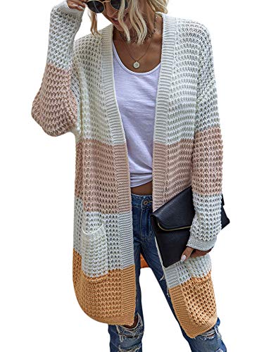Hibluco Womens Color Block Striped Draped Cardigan with Pockets Long Sleeve Open Front Casual Knit Sweaters Coat Pinkwhite