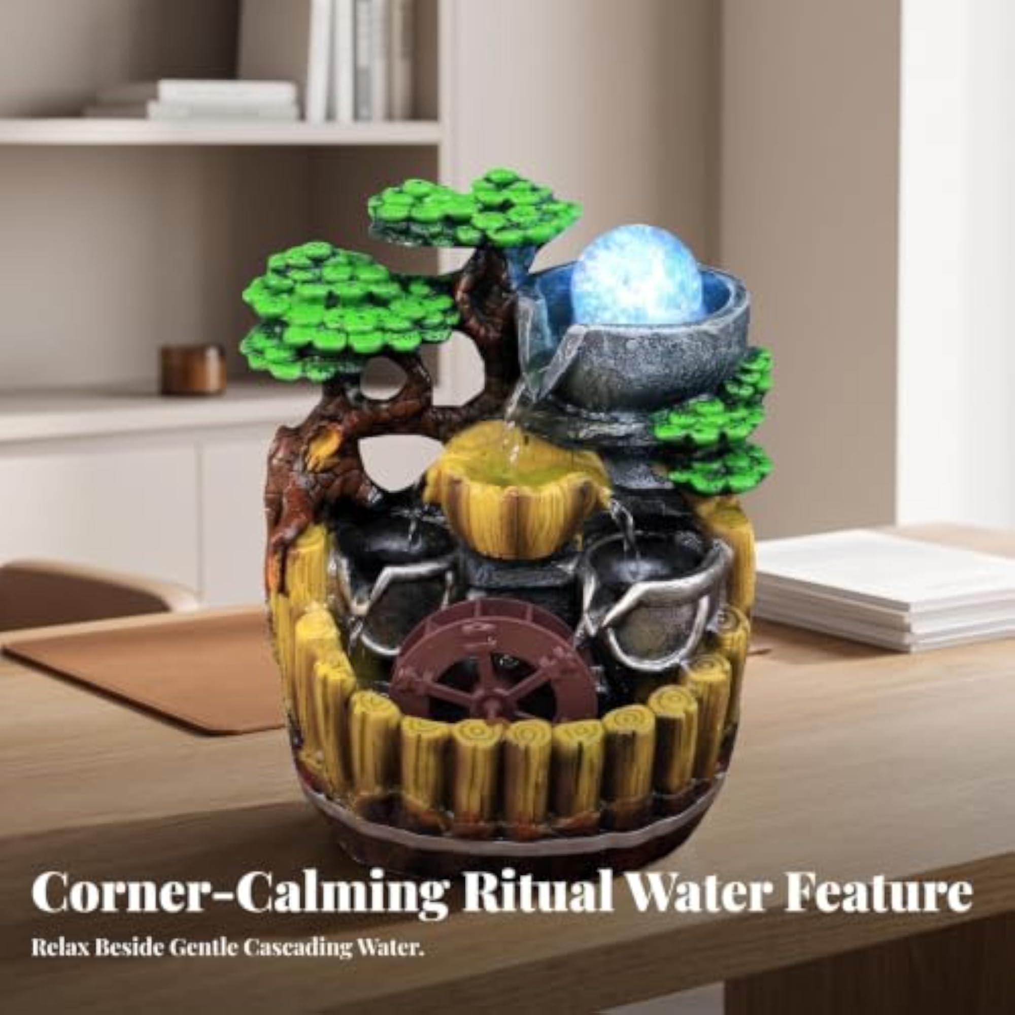 Meditative Tabletop Water Feature with Layered Rock Scenery