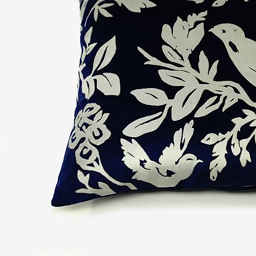 Image of Birds Designer Velvet Cushion Cover | Decorative Cushion Cover | Modern & Trendy | for Sofa Chair Bedroom | Set of 1 (16 x 16 Inch, Blue & Silver)