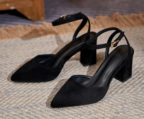 YooPrettyz Women Closed Pointed Toe Dress Block Heels Suede Ankle Wrap High Heels Soft Daily Pumps Shoes2