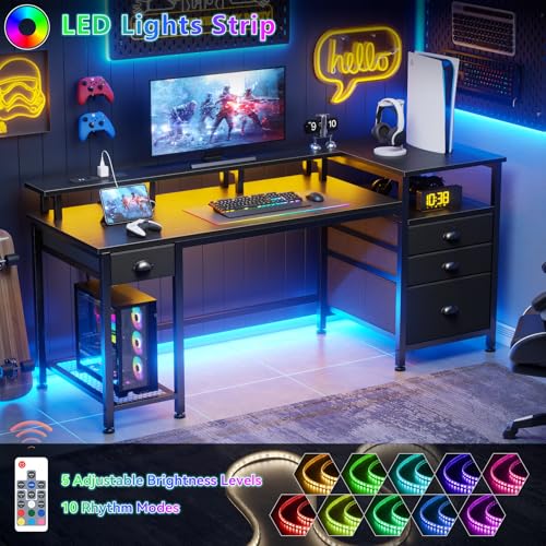 Image of Furologee 60 inch Black Computer Desk with 4 Drawers and Printer Space, Gaming Desk with LED Lights and USB Power Outlets, Home Office Desk with Fabric File Cabinet,Study Work Table with Shelf for Bedroom