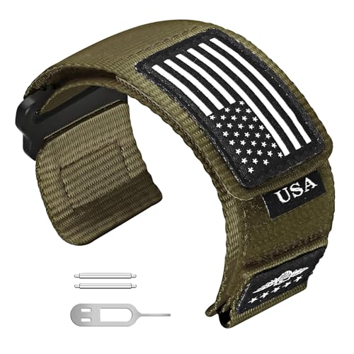 Abanen Rugged Tactical Nylon Watch Band for Garmin Instinct 3 E 45mm/ Instinct 2 Solar, Sport Strap with Stars-Stripes Flag for Instinct E 45mm/ Tactical/Tide/Esports (Green)