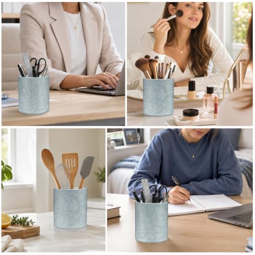 Image of Round Leather Pen Holder for Desk, Desktop Organizer, (Carved Blue)