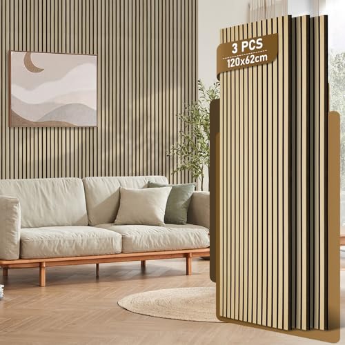 Fiqops 3 paneles acústicos de madera de 120 x 60 cm, paneles de pared de funier de madera y fieltro, paneles de madera en bruto, revestimiento de pared de madera para estudio y hogar decoración de