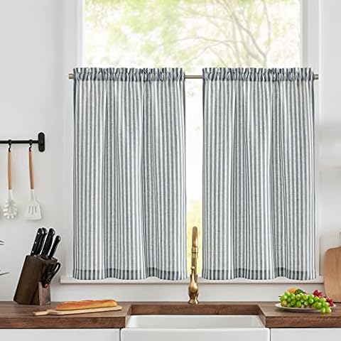 TOPICK Blue Striped Linen Kitchen Curtains Cover