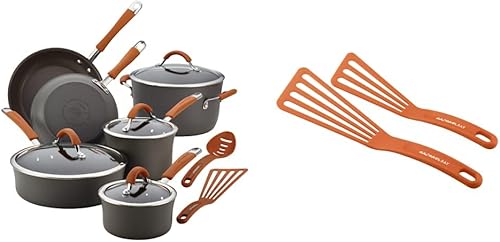 Rachael Ray Cucina - Juego de ollas y sartenes antiadherentes anodizados duros aptos para lavavajillas 12 piezas gris con asas naranjas y