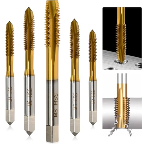 Byfoyif Juego de Brocas de Rosca, 5 Brocas Roscadoras de M3 M4 M5 M6 M8, Juego Machos para Roscas en Acero Chapado en Titanio, Brocas Metal con Macho Roscar para Madera, Metal, Plástico